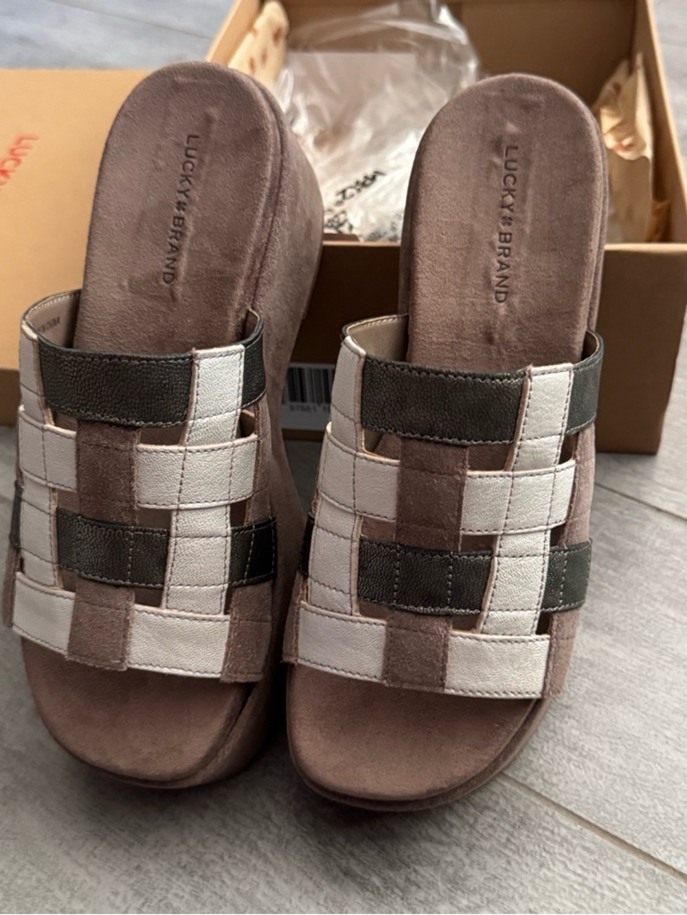 Lucky Brand Woven Platform Mules in Brown, White and Gold